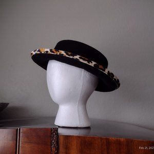 100% Wool Leopard Trimmed Black Hat